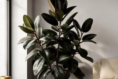 Ficus elástica de porte medio en rincón luminoso de sala