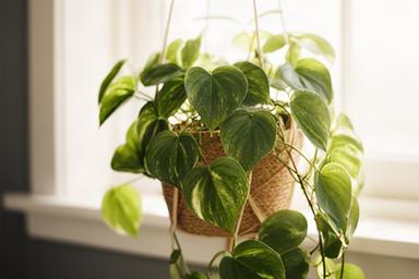 Filodendro scandens en maceta colgante cerca de ventana luminosa
