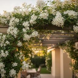 Jazmín chino trepando en pérgola de galería con floración blanca