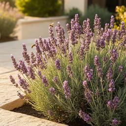Lavanda en flor en cantero de patio con sol directo de la tarde
