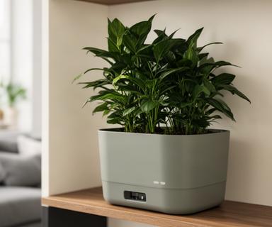 Maceta de plástico decorativa con sistema de autorriego en estante de living
