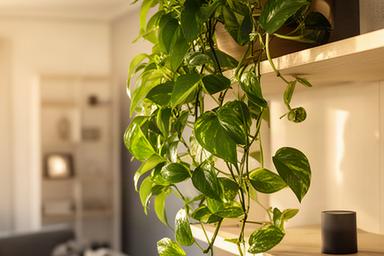 Potos colgante en estante de living con hojas verdes brillantes