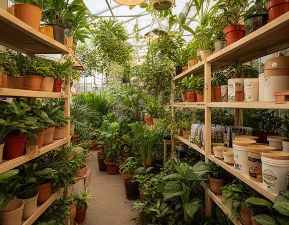 Interior del vivero con estanterías llenas de plantas de interior y exterior en Gualeguay Entre Ríos